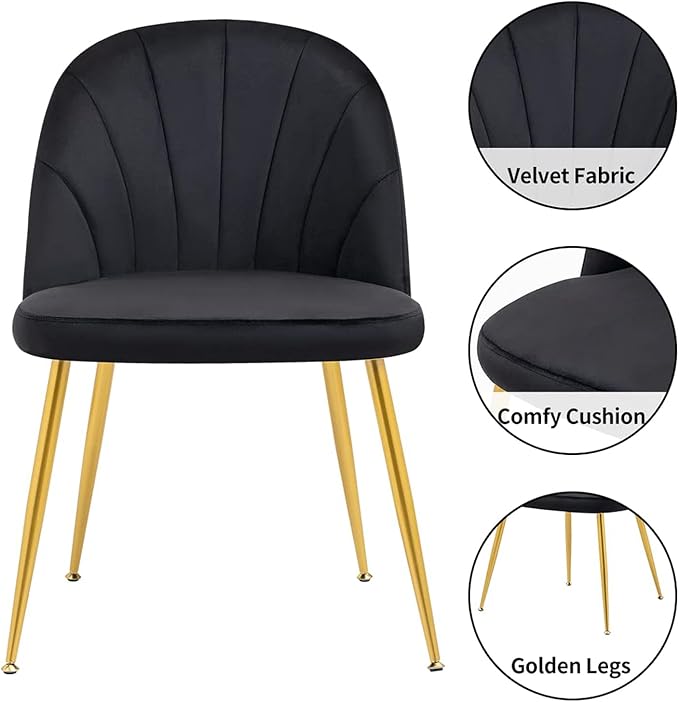 Velvet Dining Chairs Set of 2, Upholstered Mid Century Modern Dining Chairs, Armless Accent Chair with Metal Gold Legs for Living Room, Kitchen, Dining Room, Black
