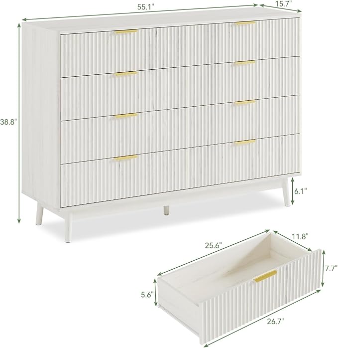 LYNSOM Fluted 8 Drawer Dresser for Bedroom, 55" Wide Modern Chest of Drawers with Curved Profile Design and Metal Handles, Wood Dresser TV Stand & Storage Organizer for Bedroom, Hallway, White