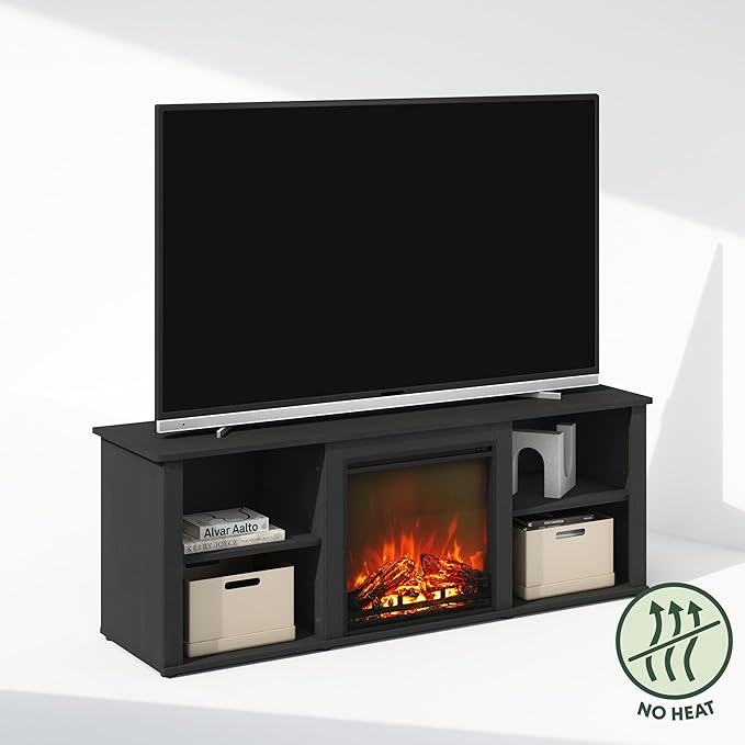 Furinno Jensen Fireplace TV Stand, NO Heat Decorative Electric Fireplace TV Stand for TV up to 60 Inch, with Open Storage, for Living Room, Americano