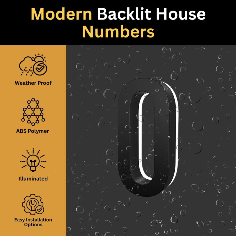 7 Inch LED House Numbers, ABS-Polymer, Premium Quality, Backlit LED 5000K Illuminated Home Address Number, Lighted House Numbers, Modern Address Numbers (0, Black)