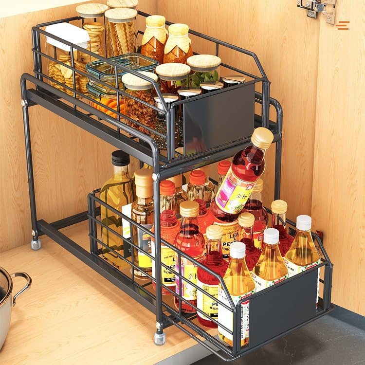 Under Sink Kitchen Storage Organizer, 2 Tier Sliding Cabinet Basket with Pull-Out Drawer, foldable Metal Under Sink Organizers for Bathroom, Pantry, Countertop, Rustproof Multi-Purpose Storage Bins