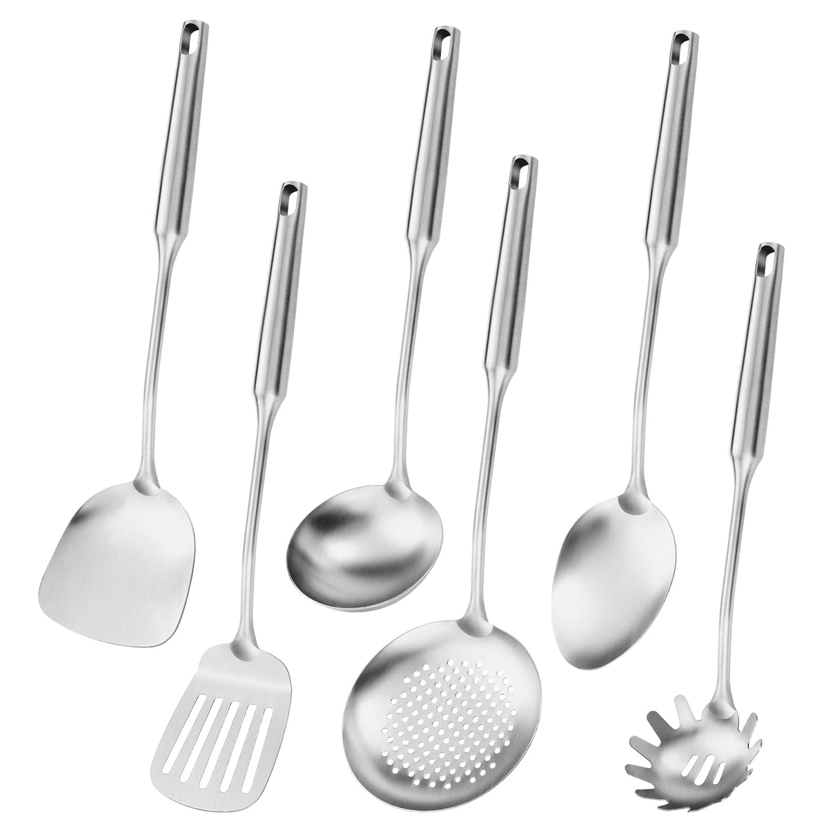 304 Stainlss Steel Matte Kitchen Utensils Set, 11 Pcs Long Metal Cooking Utensil Gadgets Tools Set with Spatula, Ladle, Spoon, Ladle, Skimmer, Tunner, Pasta Server, Tongs(Black, Dishwasher Safe)