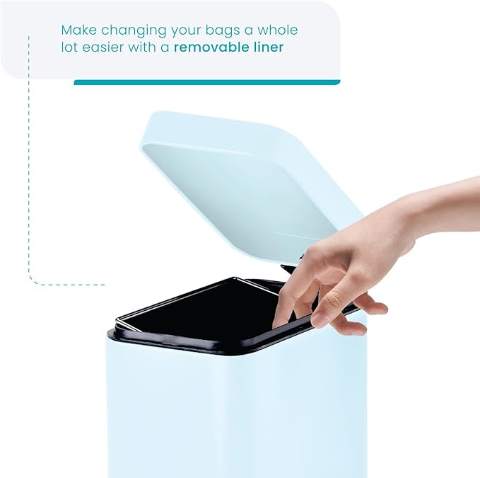 Home Zone Living 1.3 Gallon Small Bathroom Trash Can with Lid and Step Pedal, Stainless Steel Wastebasket with Slim Design for Home and Office, Powder Blue, 5 Liters