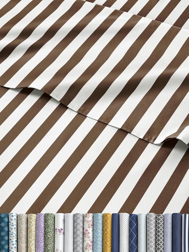 Striped Sheets - Brown Striped Sheets - 1 Flat & 1 Fitted & 1 Pillowcase w/ Deep Pockets – Wrinkle & Fade Resistant - Ultra-Soft, Breathable and Cooling – Luxury Pinstripe Bedding - Twin Size Bed Set