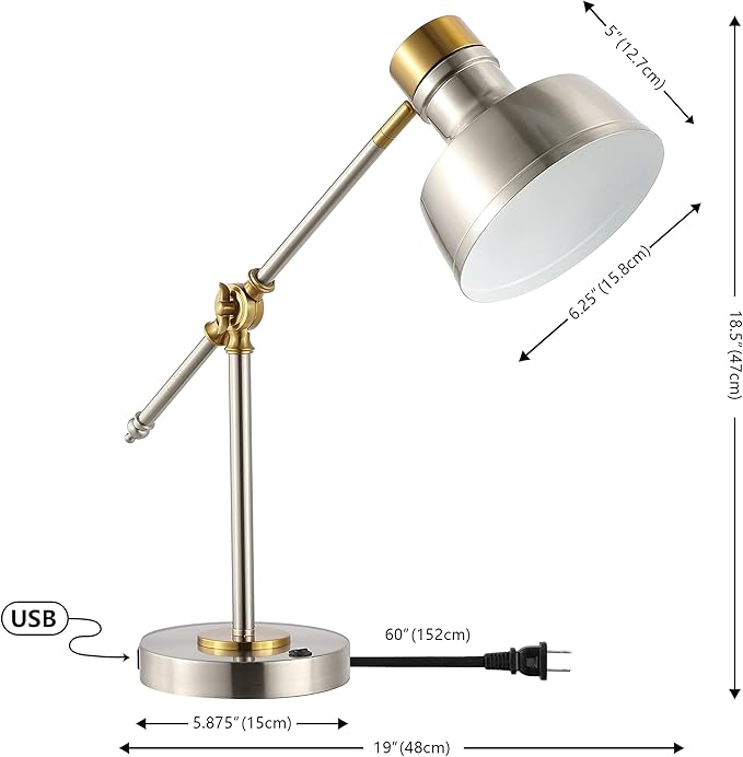 JONATHAN Y 18.5" Nickel/Brass Gold Adjustable Cantilever LED Task Lamp with USB Charging Port, Vintage Farmhouse Desk Lamp for Home Office Reading, Metal Shade (JYL7124B)