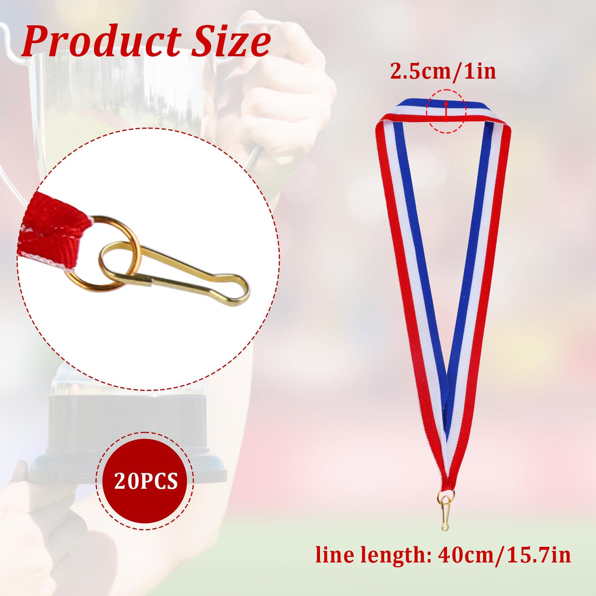 20 Pieces Award Ribbons, Red White Blue Medal Ribbons with Snap Clips Classic Striped Medal Lanyards Flat Lanyard Medallion Holder for Competitions Meeting Sport Party Student Awards