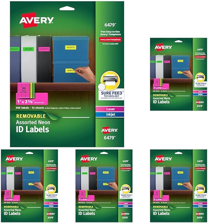 Avery Multipurpose Labels, Removable, Assorted Neon, 1 x 2.625 Inches, (6479) (Pack of 1800)