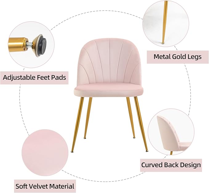 Velvet Dining Chairs Set of 6, Upholstered Mid Century Modern Dining Chairs, Armless Accent Chair with Metal Gold Legs for Living Room, Kitchen, Dining Room, Pink