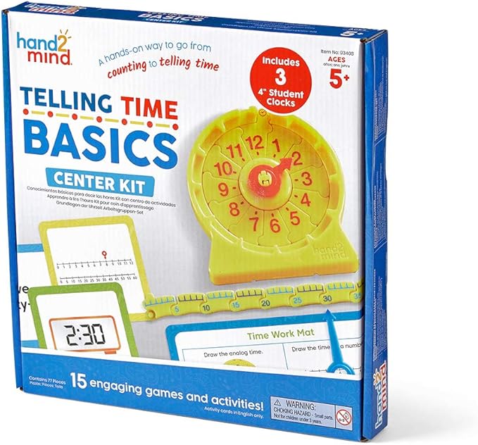 Hand2Mind Telling Time Basics Center Kit - Learn to Tell Time Activity Set with Analog Classroom Clock for Kids, Yellow