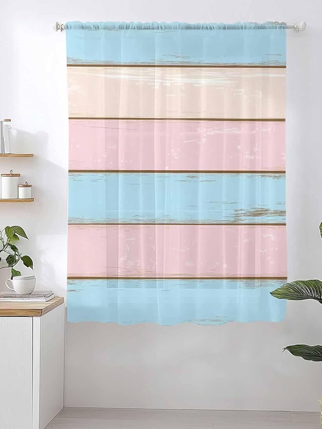 Sheer Curtains 72 Inches Long, Farmhouse Country Shabby Striped Privacy Voile