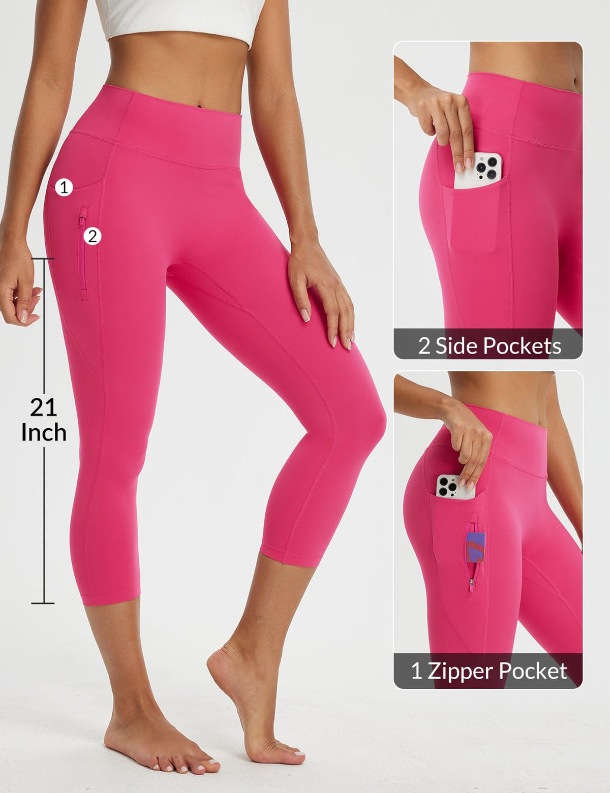 baleaf Women's Capri Leggings with 3 Pockets Capris Yoga Pants 21" Inseam High Waisted Workout Rosy M