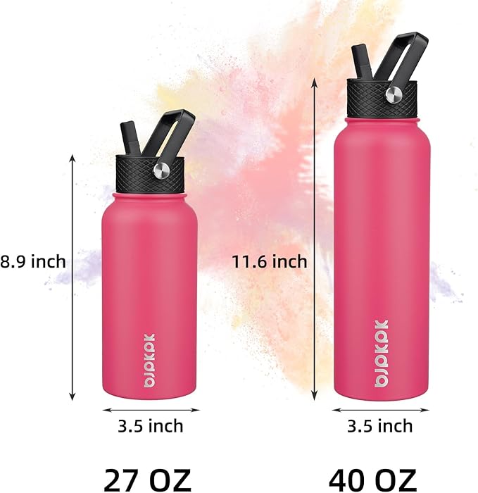 BJPKPK Insulated Water Bottles with Straw Lid, 27oz Stainless Steel Water Bottle with 3 Lids, Leak Proof BPA Free Metal Thermo, Mugs, Tumblers, Keep Cold Hot - Rose Pink