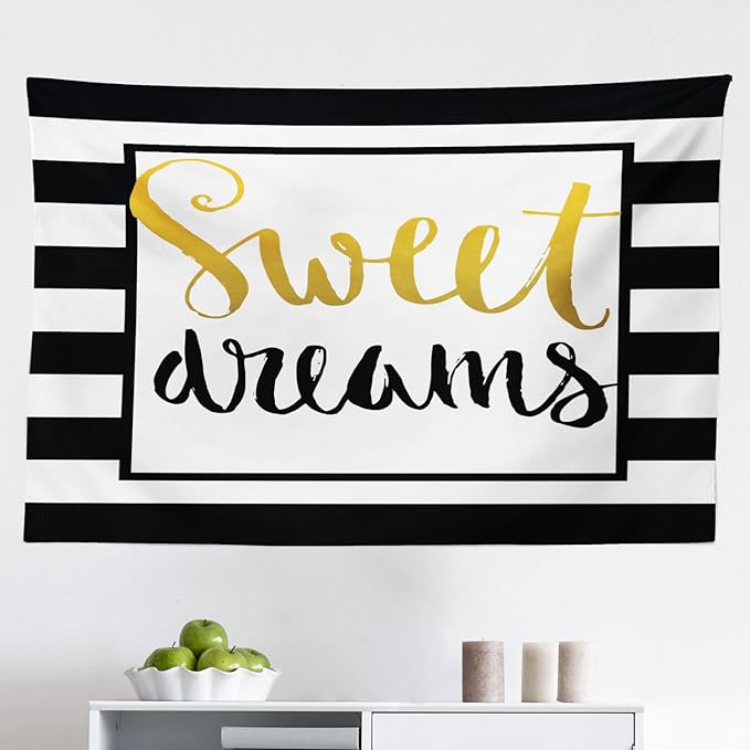 Ambesonne Saying Tapestry, Vintage Hand Drawn Lettering Design with Monochrome Stripes Background, Fabric Wall Hanging Decor for Bedroom Living Room Dorm, 45" X 30", Yellow Black White