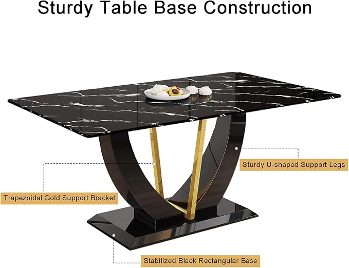 71" Dining Table Set for 8, Black Faux Marble Dining Room Table Set for 8, Large Rectangular Kitchen Table Set and PU Leather Chairs,Glossy Tempered Glass Table with Black Leg