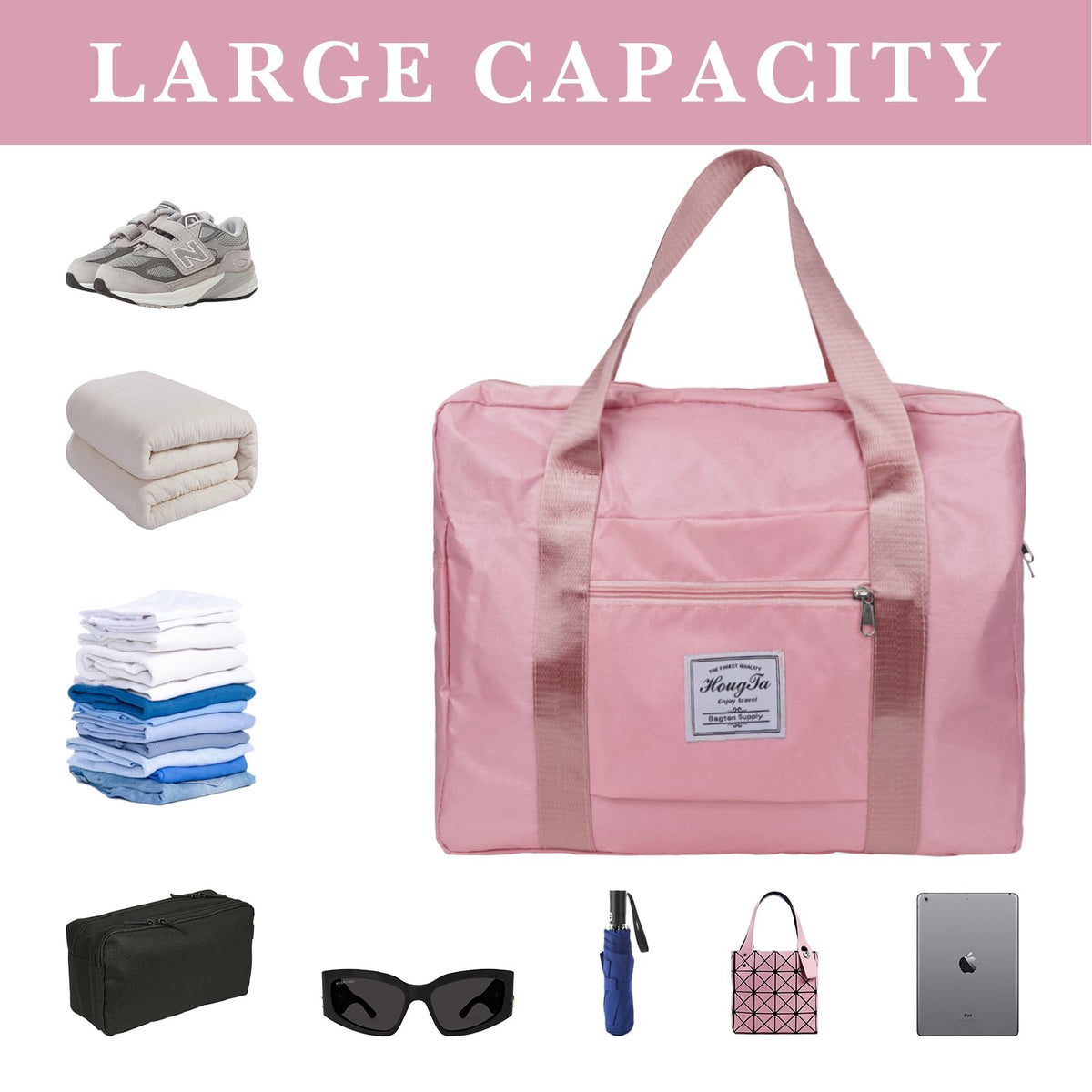 Adorila Travel Duffel Bags, Tote Sports Gym Bag for Women, Shoulder Weekender Overnight Bag with Pocket (Pink)