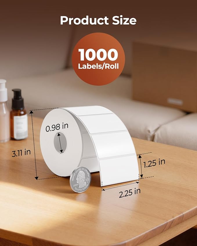 MUNBYN 2.25"x1.25" Thermal Sticker Labels, White Self-Adhesive Barcode Label Paper for Direct Thermal Printer and Business, Multi-Purpose Rectangle Address Shipping Mailing Stickers,1000 Sheets/Roll
