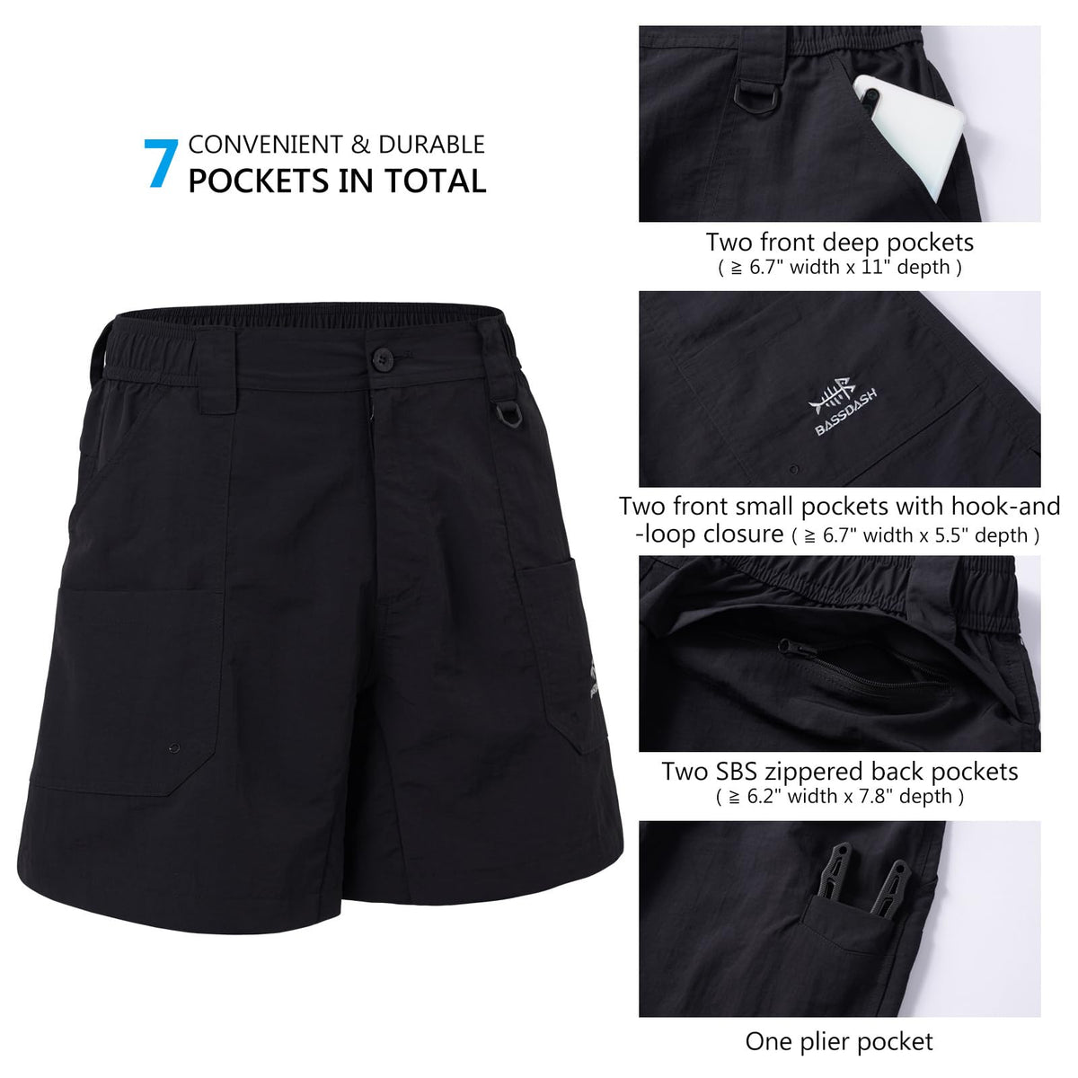 BASSDASH Men's Fishing Shorts UPF 50+ Water Resistant Quick Dry Hiking Cargo Shorts with Multi Pocket 6"