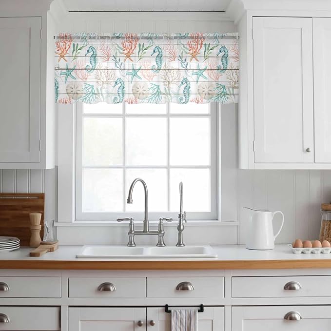 Teal Seahorse Starfish Sheer Valance Curtains, Summer Beach Coral Shell Board
