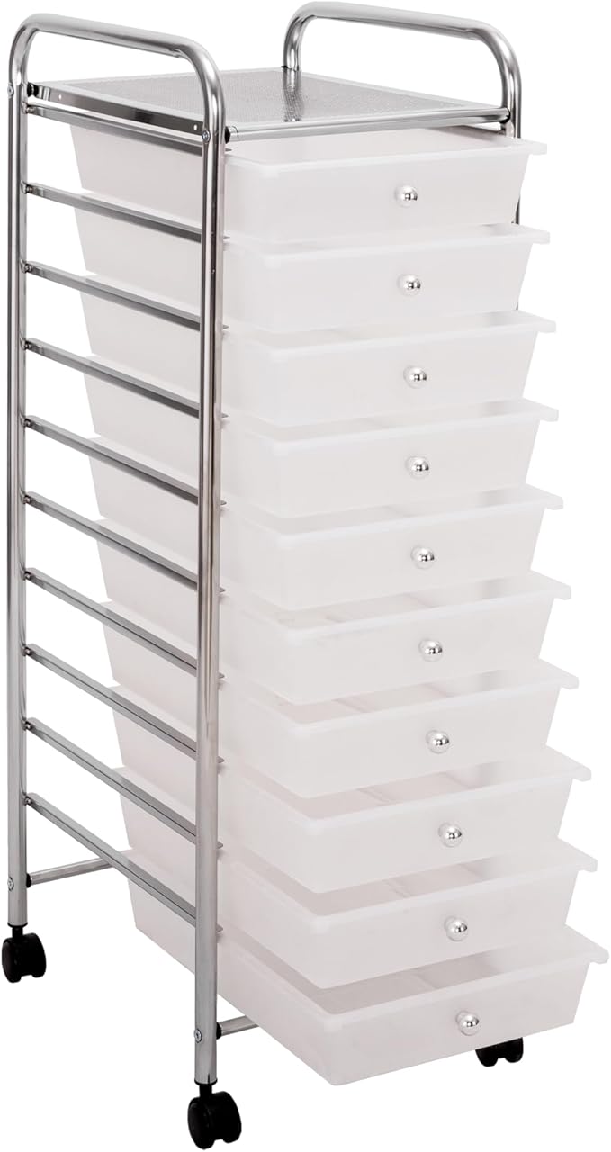 Seville Classics Rolling Utility Organizer Storage Cart, for Home Office, School, Classroom, Scrapbook, Hobby, Craft, 10 Drawer, Frost White