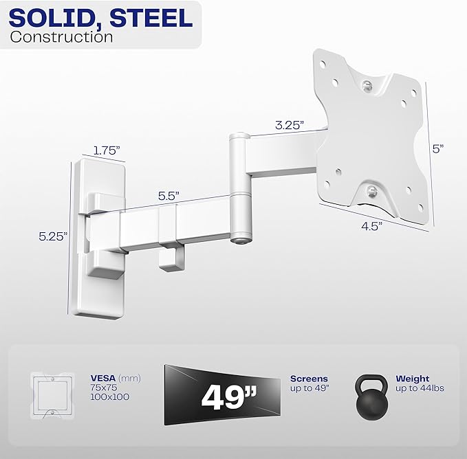 VIVO Full Motion Ultrawide Monitor Wall Mount, Fits Ultra-Wide Screens up to 49 inches and 44 lbs, Tilt and Swivel Arm, White, MOUNT-VW01MW