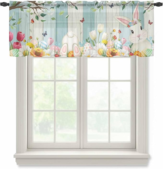 Easter Sheer Valances for Windows 42"x18", Light Filtering Kitchen Curtains