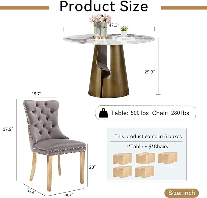 7-Piece Faux Marble Round Dining Table Set for 6, Modern Luxury Kitchen Table Set for 6 with Grey Tufted Chairs,Circle Dining Tables with Pandora Grain Top and Bronze Pedestal Base