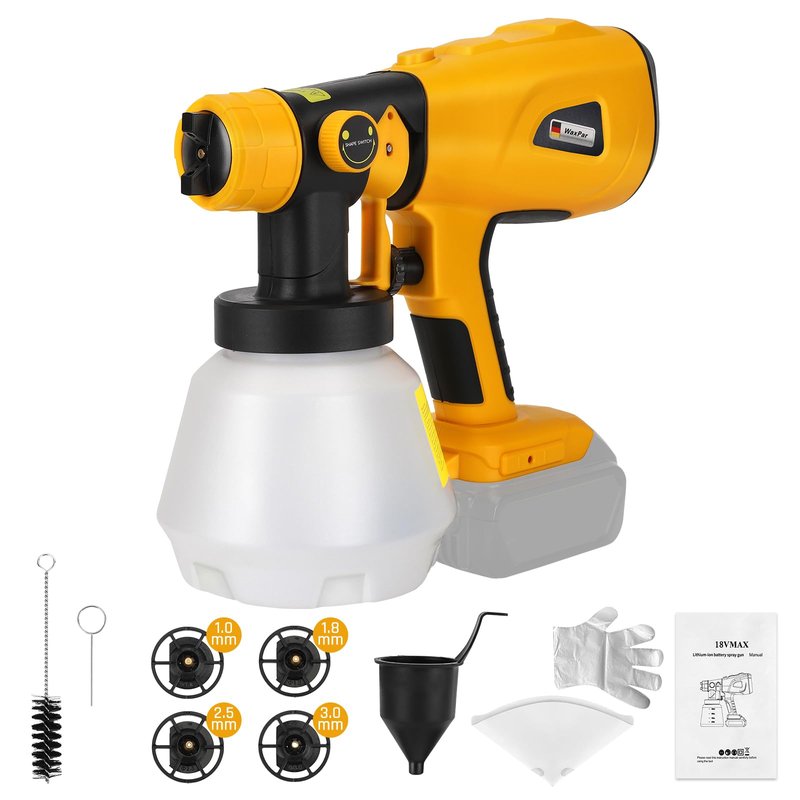 WaxPar Cordless Paint Sprayer Compatible with Dewalt 20V Battery, 200W HVLP Paint Gun 18V Paint Sprayer with Brushless Motor, 4 Copper Nozzles for DIY Fence Chairs Painting