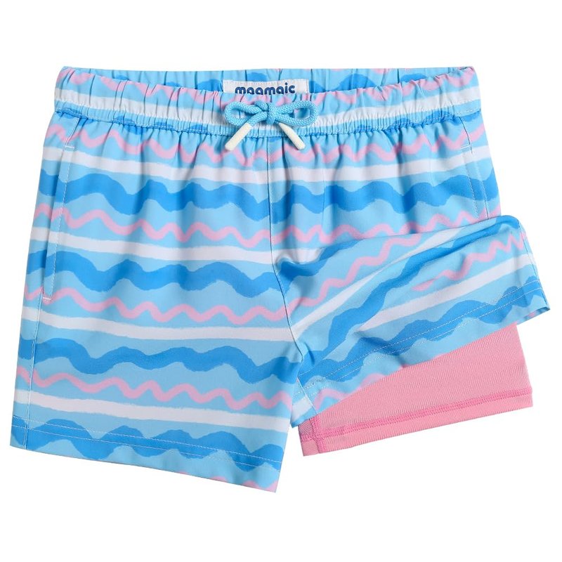 maamgic Boys Swim Trunks with Compression Liner Toddler Boy Swimsuit Quick Dry 4-Way Stretch Swimming Trunks Colorful Wave Line 7 Years
