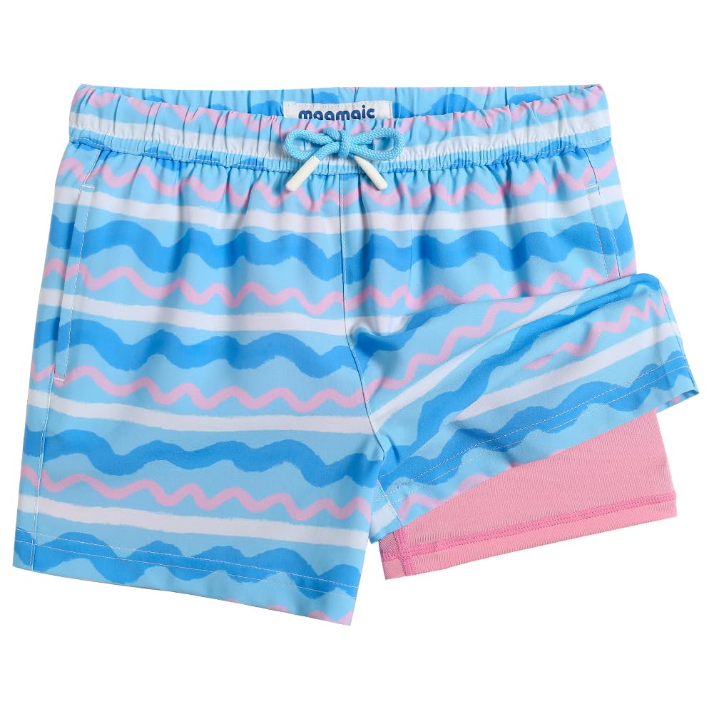 maamgic Boys Swim Trunks with Compression Liner Toddler Boy Swimsuit Quick Dry 4-Way Stretch Swimming Trunks Colorful Wave Line 10-12 Years