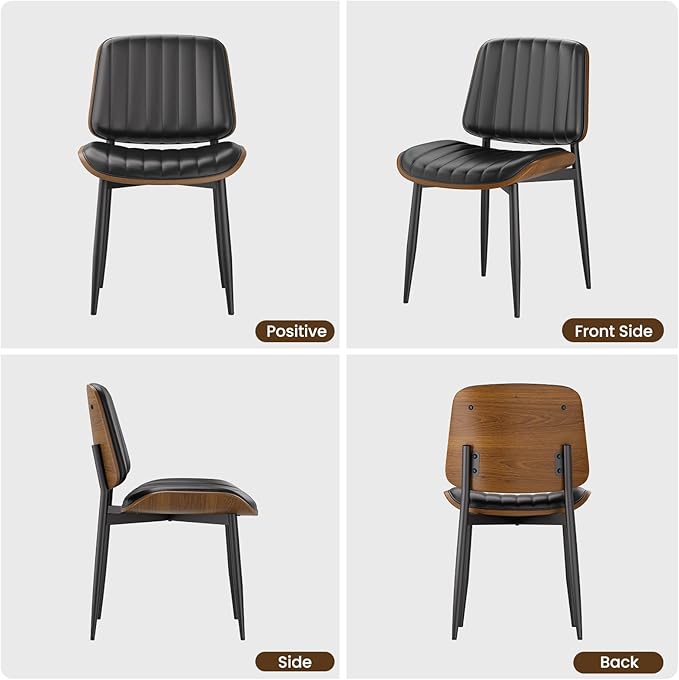 Dining Chairs Set of 2, FSC Certified Mid Century Modern Dining Room Kitchen Chairs, Upholstered PU Leather Vertical Stripe Chairs for Vanity with Walnut Bentwood and Metal Legs, Black