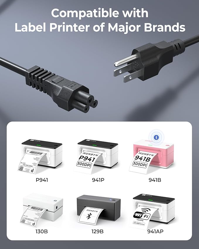 MUNBYN Power Cord, Black 3 Prong Cord, 3.8FT Power Cable Replacement for 130B, 129B, and 941B Thermal Printers and Other Shipping Label Printers