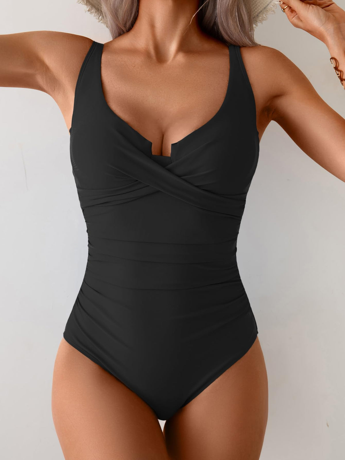 B2prity Women's Underwire One Piece Swimsuit Tummy Control Ruched Bathing Suit Criss Cross V Neck Swimwear Black