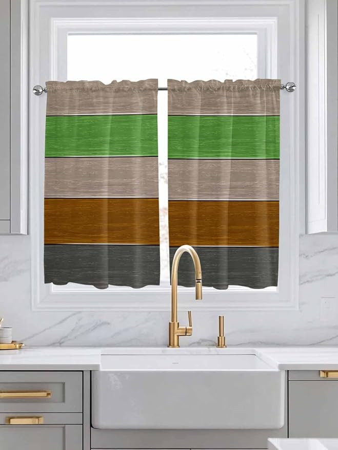 Farm Gray Green Brown Wood Grain Window Valance Curtains, Rustic Wooden Plank