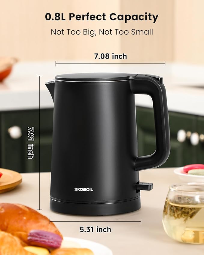 SKOBOIL Electric Kettle Small for Tea & Coffee, 0.8L (27OZ) Double Wall Stainless Steel Hot Water Boiler, Fast Boiling Water Heater & Teapot with Auto Shut-Off, Boil-Dry Protection