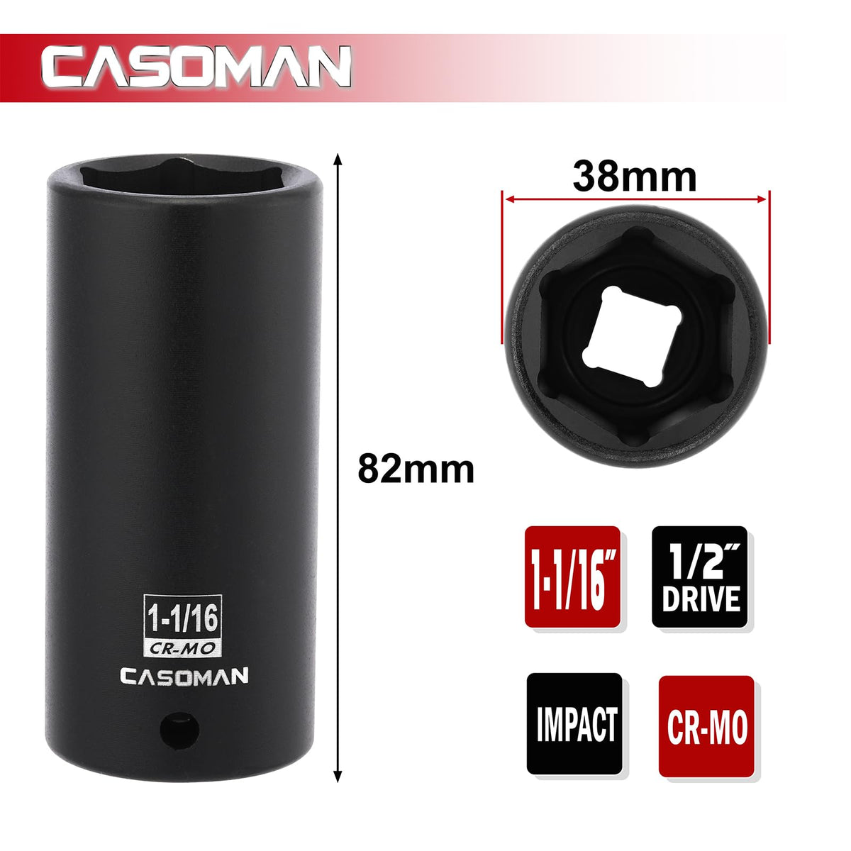 CASOMAN 1/2" Drive x 1-1/16" Deep Impact Socket, 6-Point, SAE, CR-MO