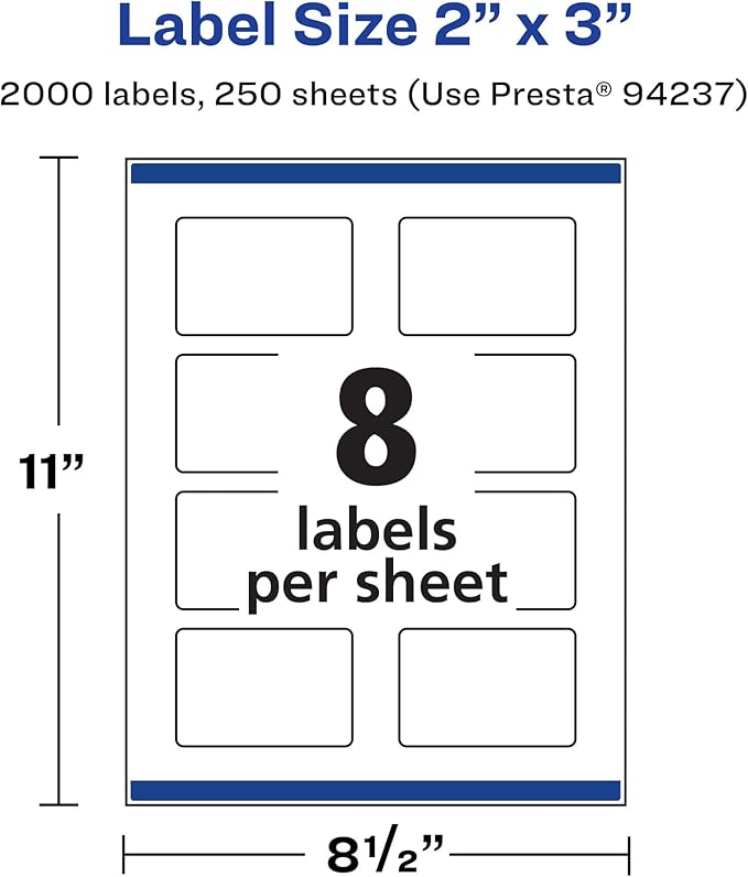 Avery Matte White Rectangle Labels, Sure Feed Technology, 2" x 3", 2,000 Matte White Printable Labels