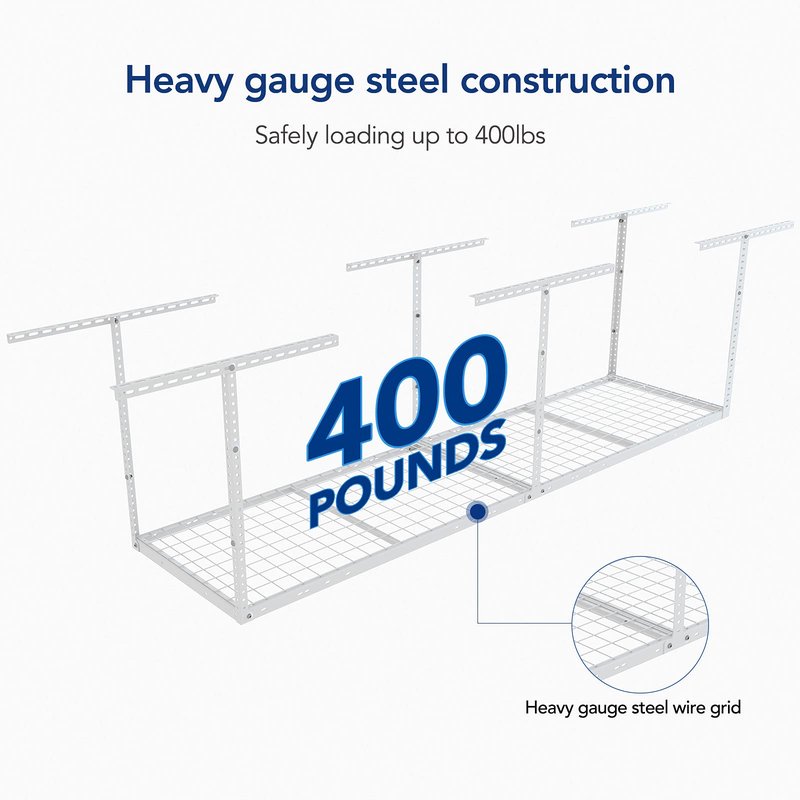 FLEXIMOUNTS 2x8 Overhead Garage Storage Rack,Adjustable Storage Organization System,Heavy Duty Metal Garage Ceiling Storage Racks,400lbs Weight Capacity,White, Classic Series