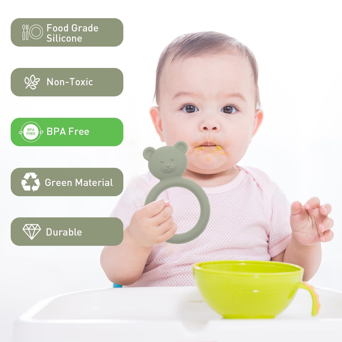 Dirbabi Silicone Baby Teether, Teething Toy Ring for Babies, Easy to Hold Design, BPA Free (Sand + Light Grey)