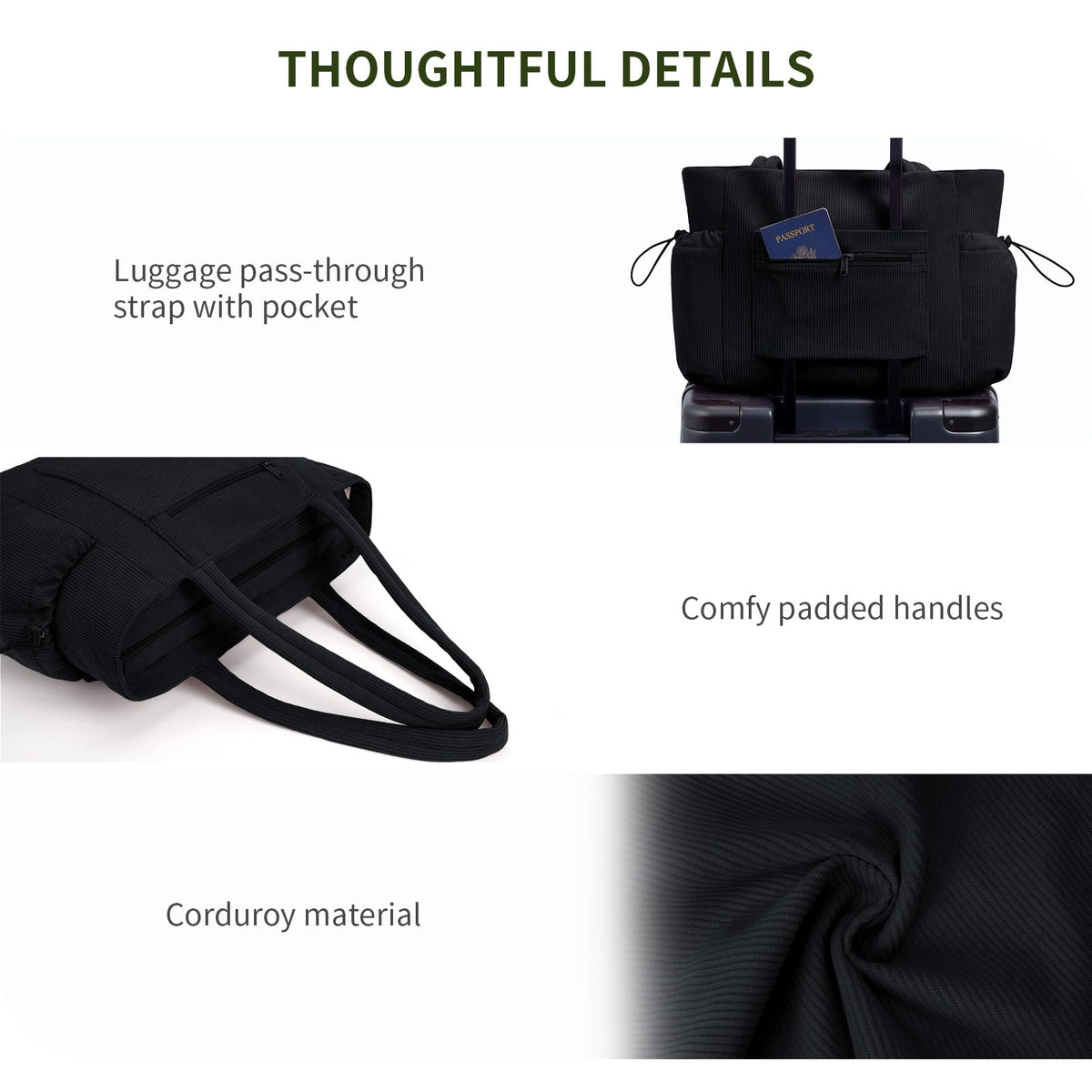 ECOHUB Oversize Work Tote Bag for Women with 40oz Cup Holder Corduroy Laptop Tote Teacher Nurse Bag for Office College Travel Black