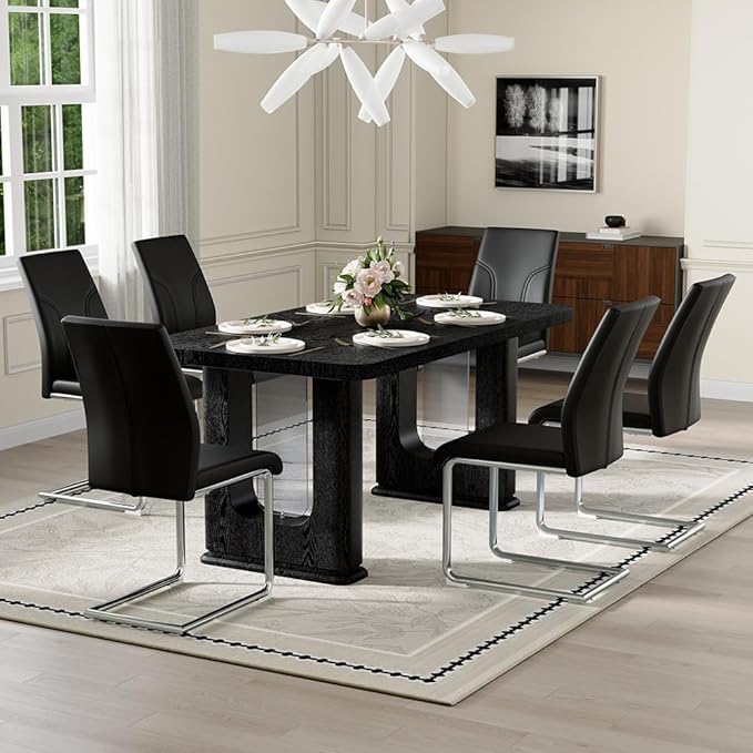 64.5" Black Dining Table Set for 6, Modern Kitchen Table and Chairs Set with PU Leather Cushioned Chairs & Decorative Pedestal Base, 7 Piece Wood Grain Dining Table Set for Dining Room or Kitchen