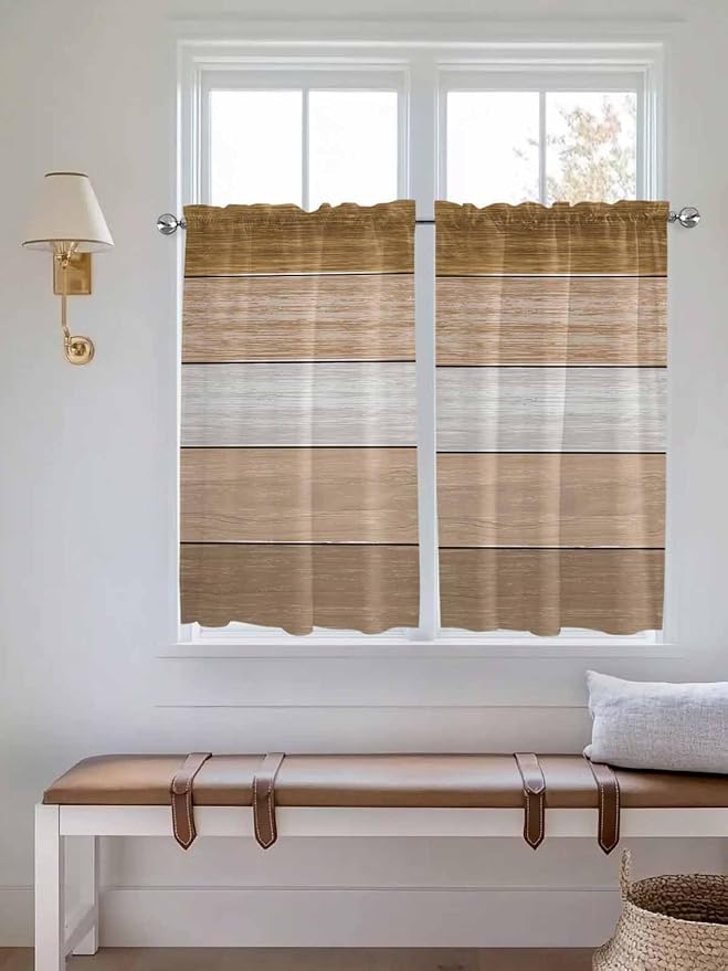 Retro Farm Wood Board Window Valance Curtains, 2 Panel
