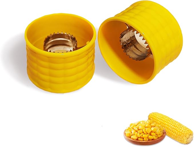 2-Pack Corn Stripper for Corn on the Cob – Corn-Shaped Handle for Natural Non-Slip Grip, Easy Twist & Turn Method (with Video Guide), Serrated Stainless Steel Blade, Dishwasher Safe Corn Peeler Tool