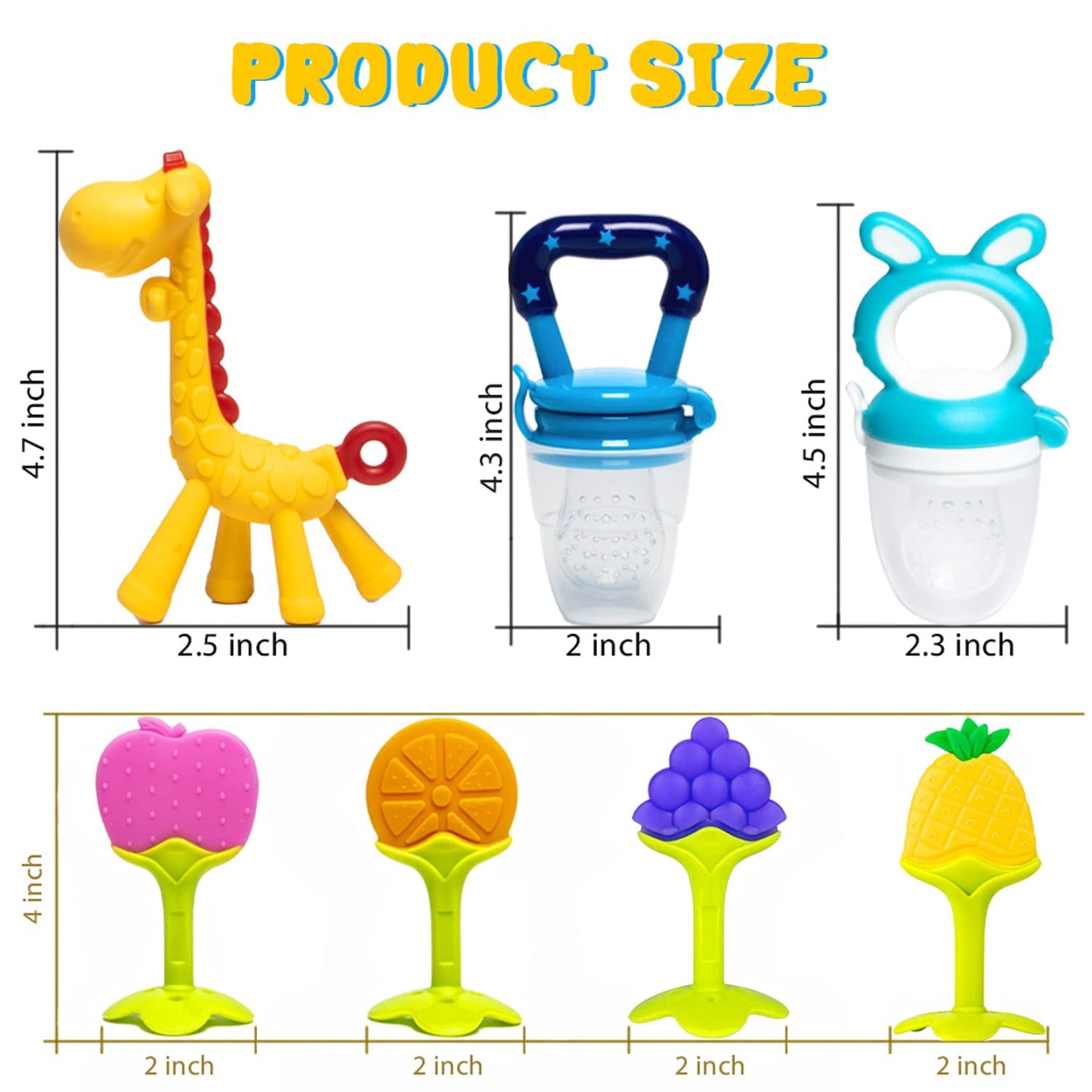 HONGTEYA Teething Toys for Babies 0-6 Months 6-12 Months 6 Pack- 4 Teethers for Babies Baby 2 Fruit Feeders for Newborn Infants BPA Free Natural Organic Freezer Silicone Baby Teethers Set