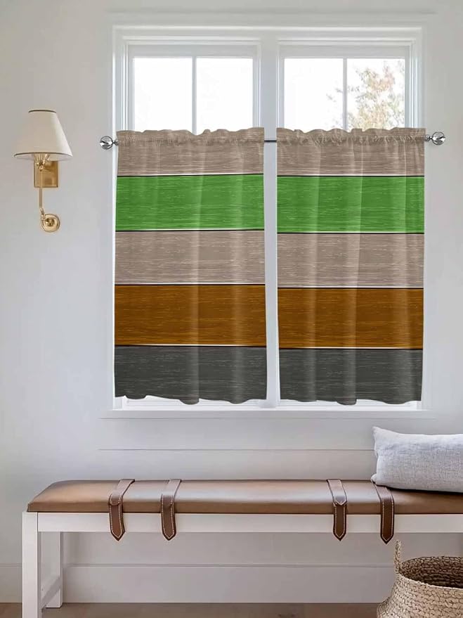 Farm Gray Green Brown Wood Grain Window Valance Curtains, Rustic Wooden Plank