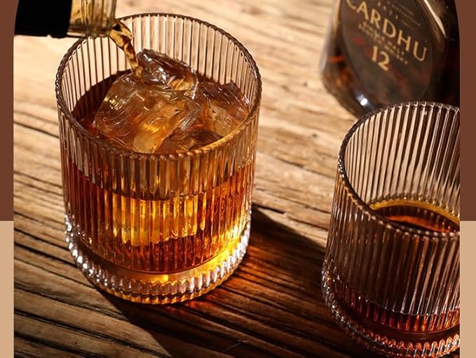 Ribbed Whiskey Glasses Set of 4, 12 Oz Lead-Free Crystal Heavy Base Barware Glass, Perfect for Bourbon Rocks Cocktail Scotch Drinking