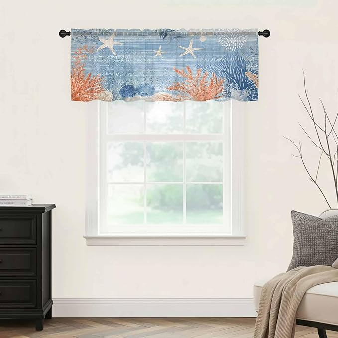 Ocean Corals Sheer Valance Curtains, Summer Beach Coral Sea Stars Blue Stripes