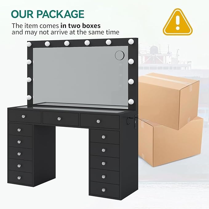 Vanity Desk with Mirror and Lights, 13 Drawers Makeup Vanity with Glass Top, 3 Color Lighting Modes, Makeup Vanity with Chair for Bedroom (Black)