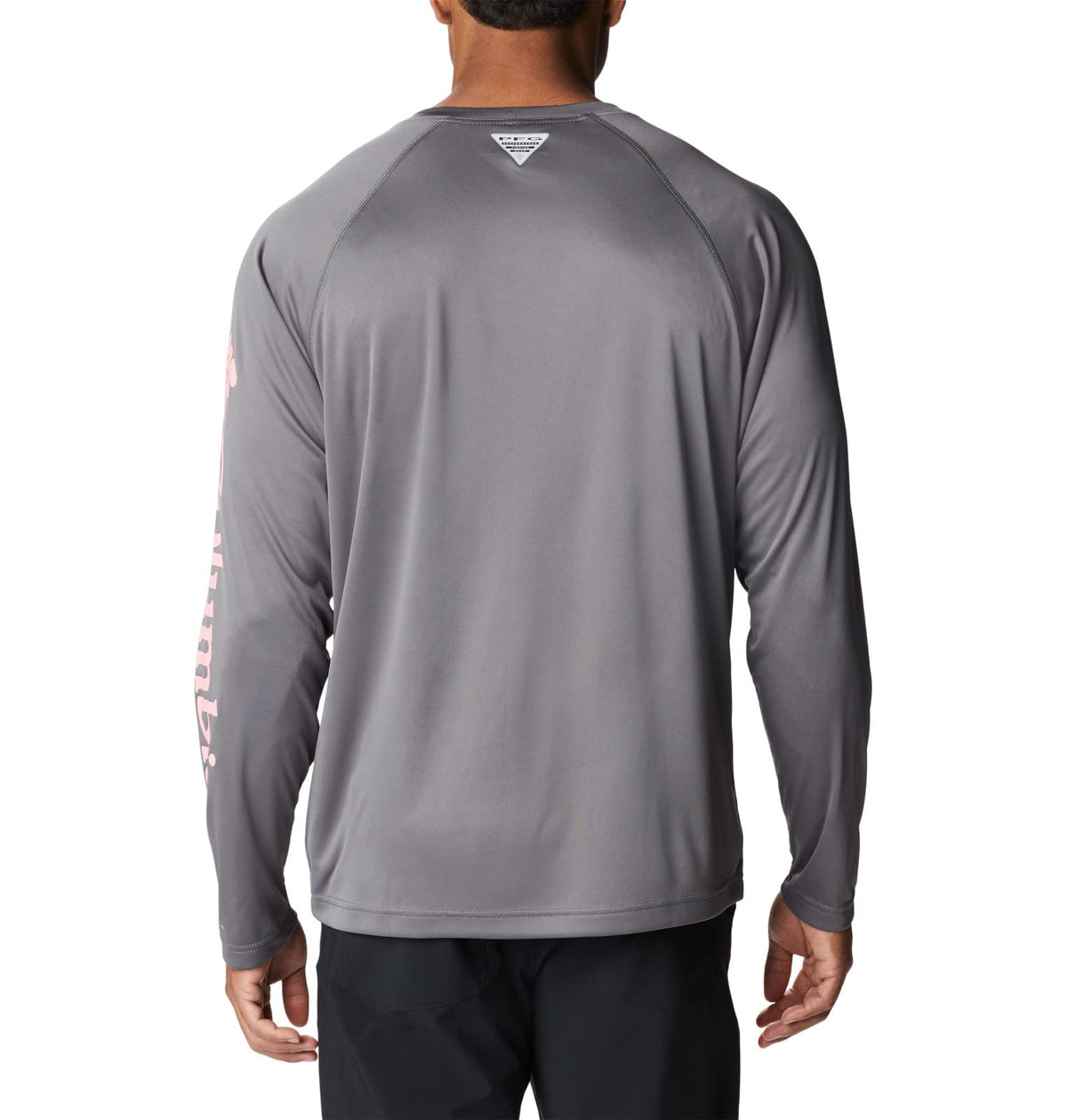 Columbia Men's Terminal Tackle Long Sleeve Fishing Shirt, City Grey/Pink Pop Logo, Medium