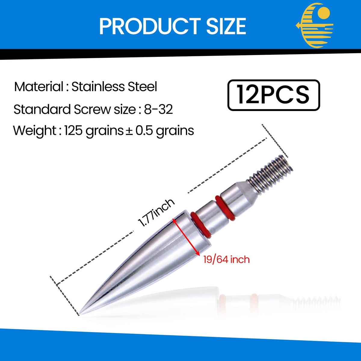 JGSDD 12pcs Archery Field Points, 100/125/150/300 Grain Field Points, Screw-in Archery Field Broadheads for Recurve, Compound Bow Crossbow, Archery Target Crossbow Practice Tip (19/64-125grain)