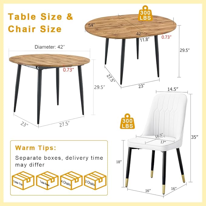 42"-54" Extendable Dining Table Set for 6, Oval Dining Table Set for 6, 0.73" Thick Wood Tabletop with Smooth Edge, Black Metal Leg with Non-Slip Footmat, 6 Soft PU Chairs, for Kitchen, Small Space